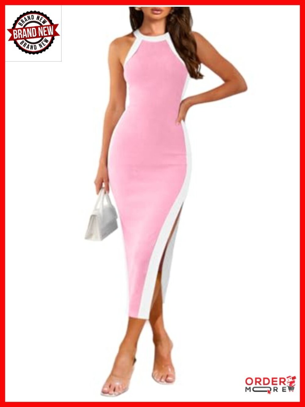 Sleeveless Halter Ribbed Knit Bodycon Midi Side Slit Summer Night Out Dress